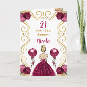 Blonde Princess Burgundy Happy Birthday Karte