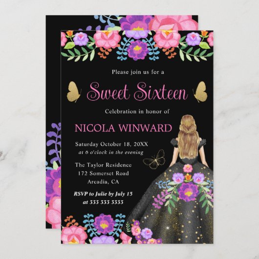 Blonde Princess Mexikanisches Blumenkleid Sweet 16 Einladung (Vorne/Hinten)