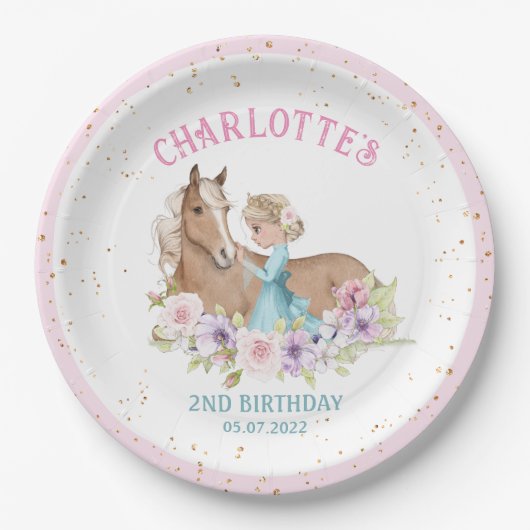 Blonde Princess und Brown Horse Geburtstag Pappteller (Vorderseite)