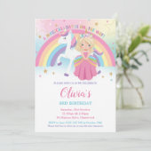 Blonde Princess Unicorn Birthday Pink Rainbow Einladung (Stehend Vorderseite)