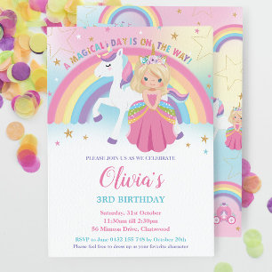Blonde Princess Unicorn Birthday Pink Rainbow Einladung