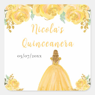 Blonde Prinzessin Gold Blumen Quinceanera Quadratischer Aufkleber