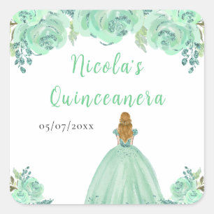 Blonde Prinzessin Mint Floral Quinceanera Quadratischer Aufkleber