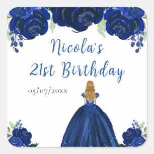 Blonde Prinzessin Navy Blumen Geburtstagsfeier Quadratischer Aufkleber
