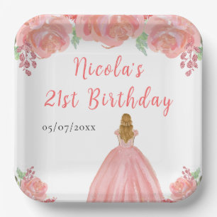 Blonde Prinzessin Pinke Blumen Geburtstagsfeier Pappteller
