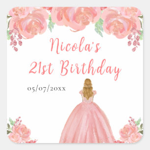 Blonde Prinzessin Pinke Blumen Geburtstagsfeier Quadratischer Aufkleber