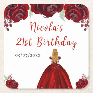 Blonde Prinzessin Rot Floral Geburtstag Rechteckiger Pappuntersetzer
