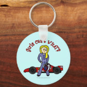 Blonde Race Car Driver Girl Schlüsselanhänger (Vorderseite)