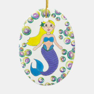 Blonde schwimmen Meerjungfrau Girl Bubbles Meer Keramik Ornament