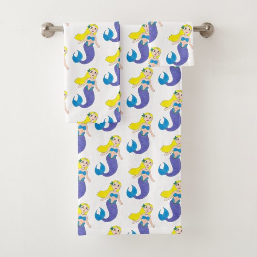 Blonde Schwimmen Meerjungfrau Lila Schwanz Meer Badhandtuch Set (Insitu)