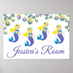 Blonde Swimming Mermaid Girl Personalized Bedroom Poster