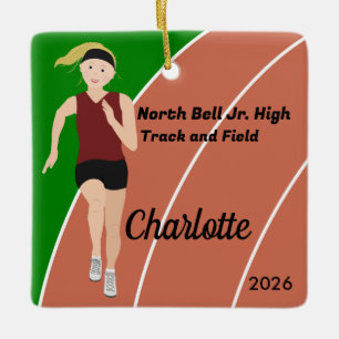 Blonde Track and Field Girl in Maroon und Black Keramikornament