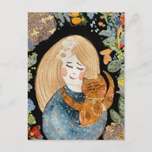 Blonde Wasserfarbe Mädchen mit Ingwerkatze in Blum Postkarte (Vorderseite)