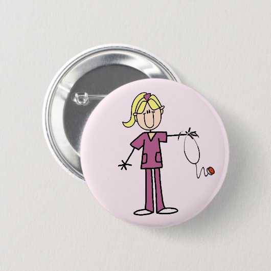 Blonde weibliche Strichmännchen-Krankenschwester-T Button (Vorne & Hinten)