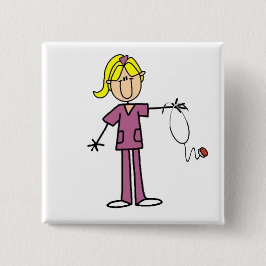 Blonde weibliche Strichmännchen-Krankenschwester-T Button (Vorderseite)