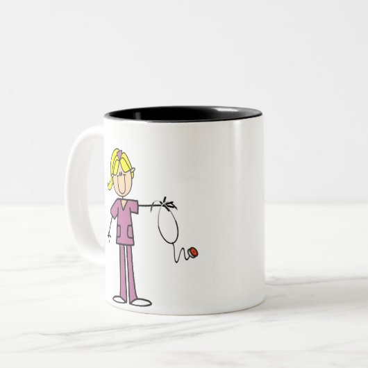 Blonde weibliche Strichmännchen-Krankenschwester-T Zweifarbige Tasse (Vorderseite Links)