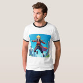 Blonder Anime-Held in Aktion – Dynamischer Fantasy T-Shirt (Vorne ganz)
