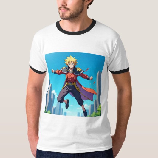 Blonder Anime-Held in Aktion – Dynamischer Fantasy T-Shirt (Vorderseite)