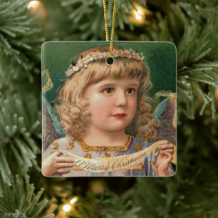 Blonder Engel mit Weihnachtsbanner Keramikornament
