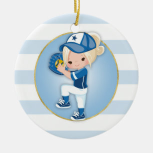 Blonder Mädchen-Blau-Softball Keramik Ornament