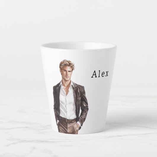Blonder Mann Braune Jacke Milchtasse (Vorderseite)