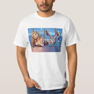 Blondes Haar, blaue mit Augen T-Shirt