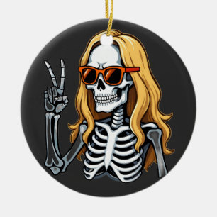 Blondes Haarskelett gibt Friedenszeichen Keramik Ornament