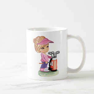 Blondes kleines Mädchen, das Golf spielt Kaffeetasse