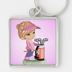 Blondes kleines Mädchen, das Golf spielt Schlüsselanhänger
