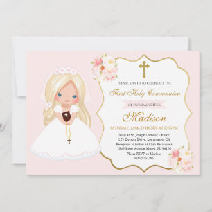 Blondes Mädchen Erste Kommunion Soft Pink Einladung