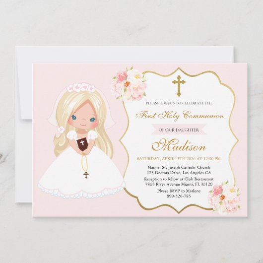 Blondes Mädchen Erste Kommunion Soft Pink Einladung (Vorderseite)