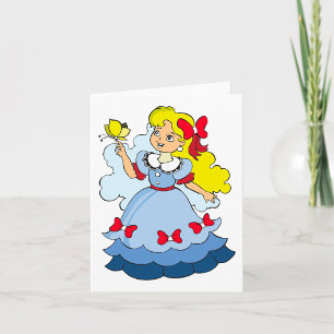 Blondes Mädchen in blauem Prinzessinnenkleid mit S Karte