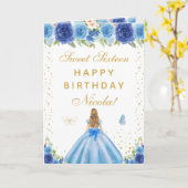 Blondes Mädchen mit blauem Blumenmuster Süße Sechz Karte (Gelbe Blume)