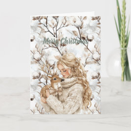 Blondes Mädchen mit Hirsch Weihnachten Karte