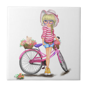 Blondes Mädchen Rosa Fahrrad Kachel