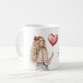 Blondes Mädchen rote Herzen Bluse Kaffeetasse (Vorderseite Links)