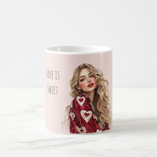 Blondes Mädchen rote Herzen Valentinstag Liebe Kaffeetasse (Mittel)