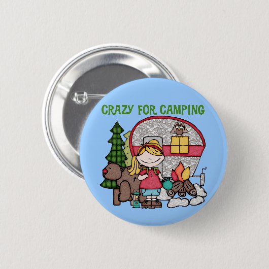 Blondes Mädchen verrückt für Camping Button (Vorne & Hinten)