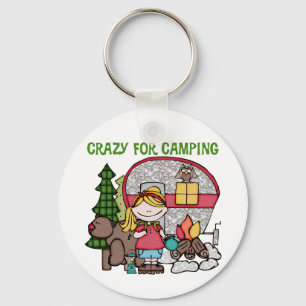 Blondes Mädchen verrückt für Camping Schlüsselanhänger