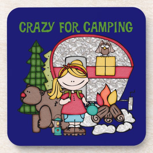 Blondes Mädchen verrückt für Camping Untersetzer (Vorderseite)