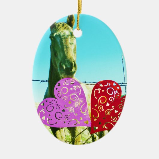 Blondes Pferd und rosa und rote Herzen Keramikornament (Vorne)