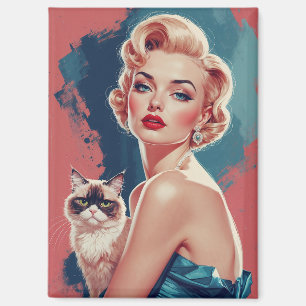Blondes Pin-Up mit mürrischer Katze Magnet