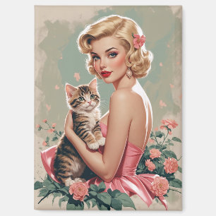 Blondes Pin-Up rotes Kleid und süße Katze Magnet