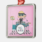 Blondes Schlagzeuger-Mädchen mit Sternen auf Rosa Silbernes Ornament (Links)