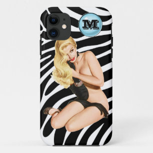 Blondine auf Retro-Zebramuster mit Monogramm Case-Mate iPhone Hülle