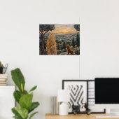 Blondine, Hund, laufen, Sonnenuntergang, Berge Poster (Heimbüro)