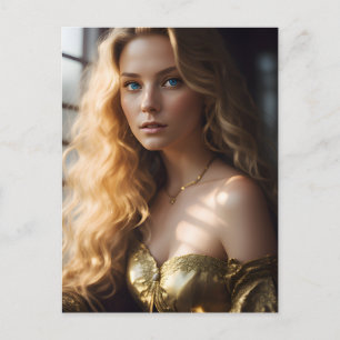 Blondine in einem goldenen Kleid Postkarte