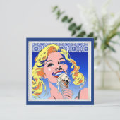 Blondine isst Eis im farbenfrohen Pop-Art-Stil der (Stehend Vorderseite)