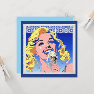 Blondine isst Eis im farbenfrohen Pop-Art-Stil der