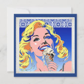 Blondine isst Eis im farbenfrohen Pop-Art-Stil der (Vorderseite)